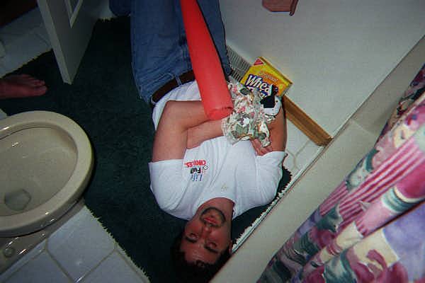 Passed out drunk and decorated by my friends at 3am in the bathroom at the Deweyville house