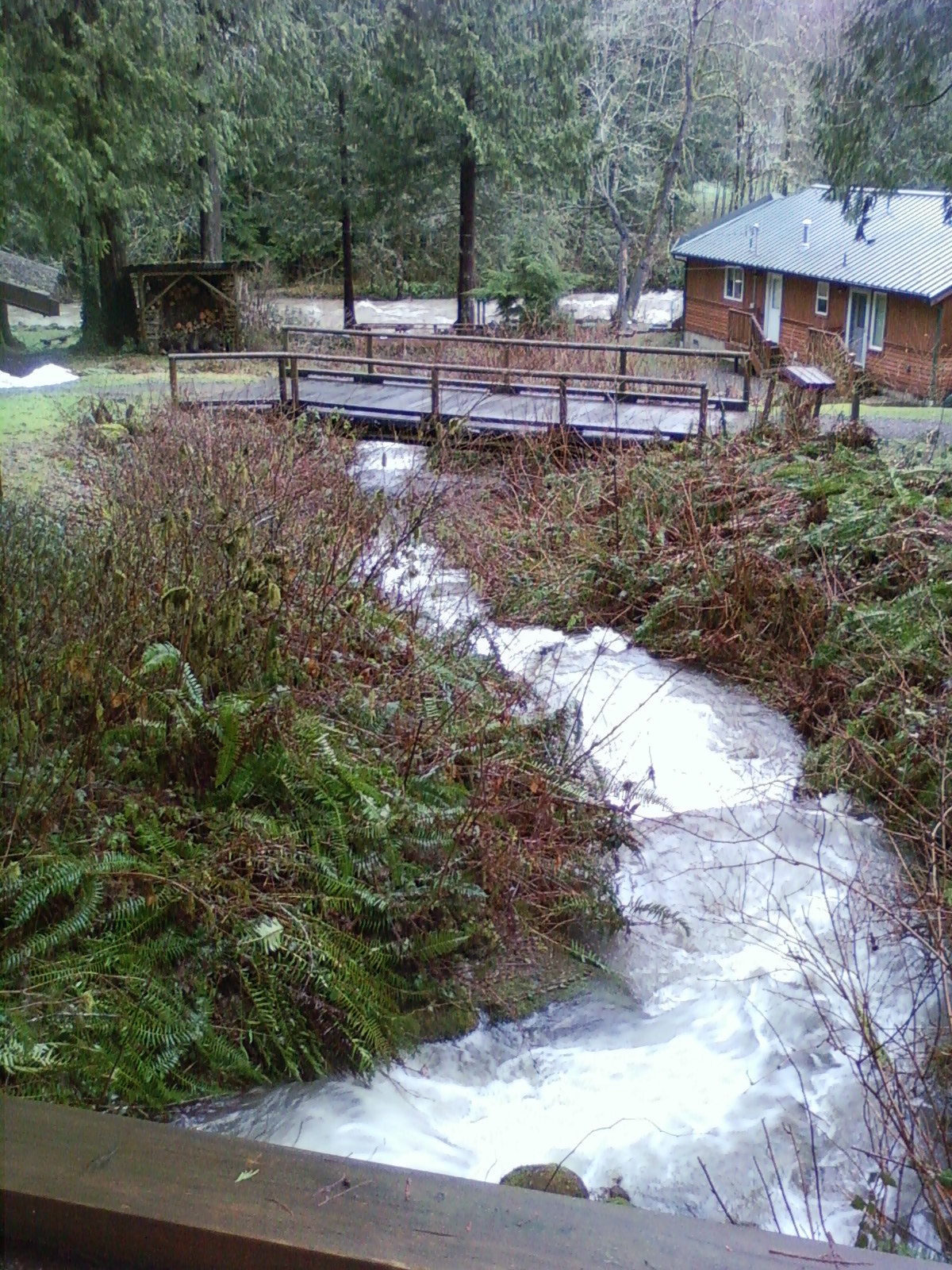The stream on the right side of the house