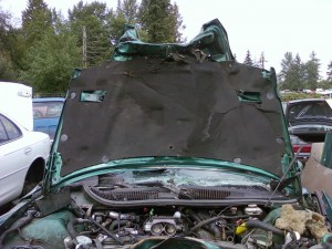 Smashed 1997 Firebird - hood view